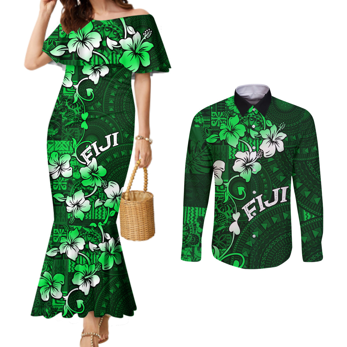 Fiji Masi Couples Matching Mermaid Dress and Long Sleeve Button Shirt Fijian Hibiscus Tapa Green Version LT01 Green - Polynesian Pride