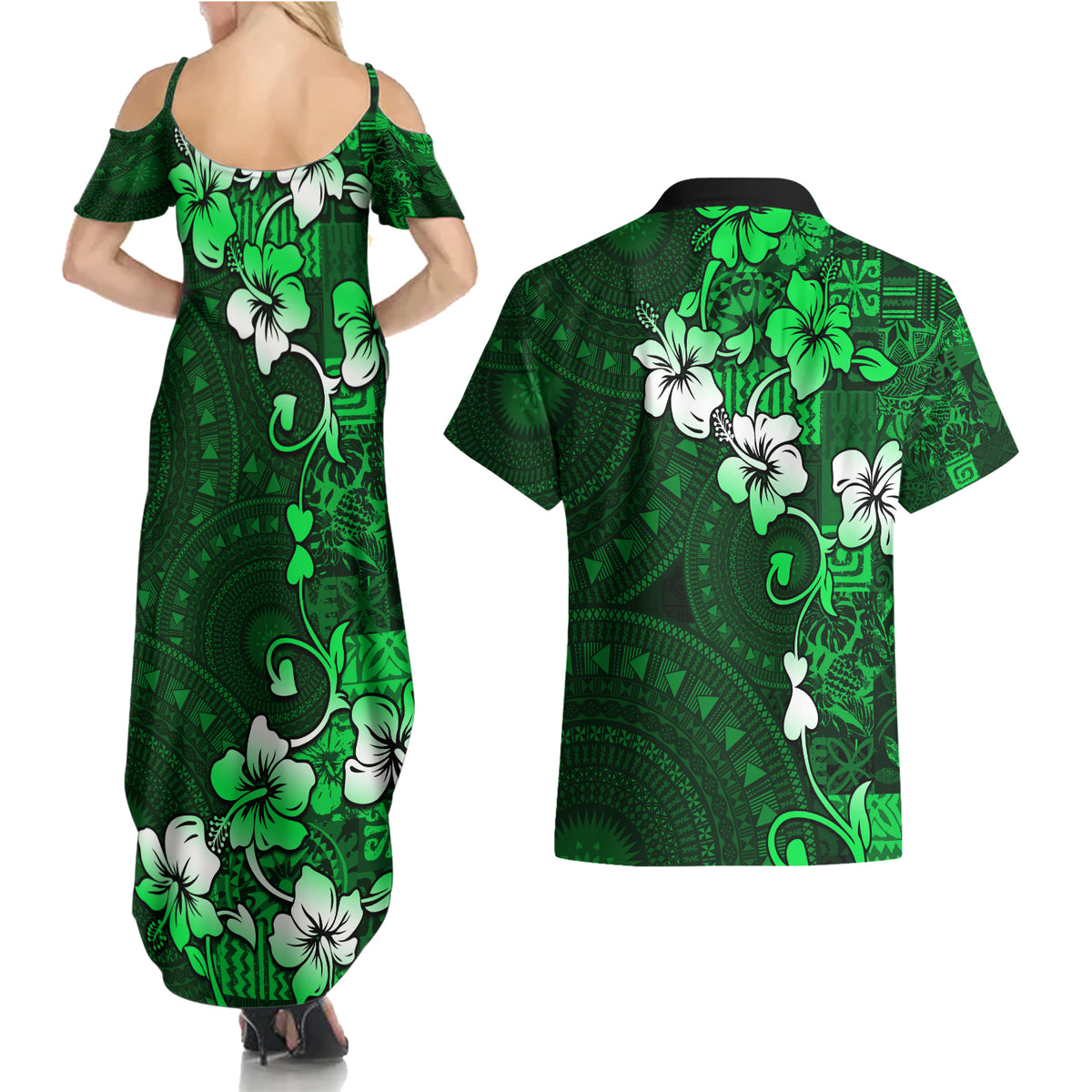 Fiji Masi Couples Matching Summer Maxi Dress and Hawaiian Shirt Fijian Hibiscus Tapa Green Version LT01 - Polynesian Pride