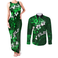 Fiji Masi Couples Matching Tank Maxi Dress and Long Sleeve Button Shirt Fijian Hibiscus Tapa Green Version LT01 Green - Polynesian Pride