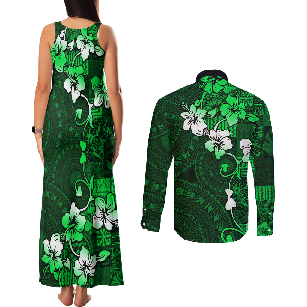 Fiji Masi Couples Matching Tank Maxi Dress and Long Sleeve Button Shirt Fijian Hibiscus Tapa Green Version LT01 - Polynesian Pride