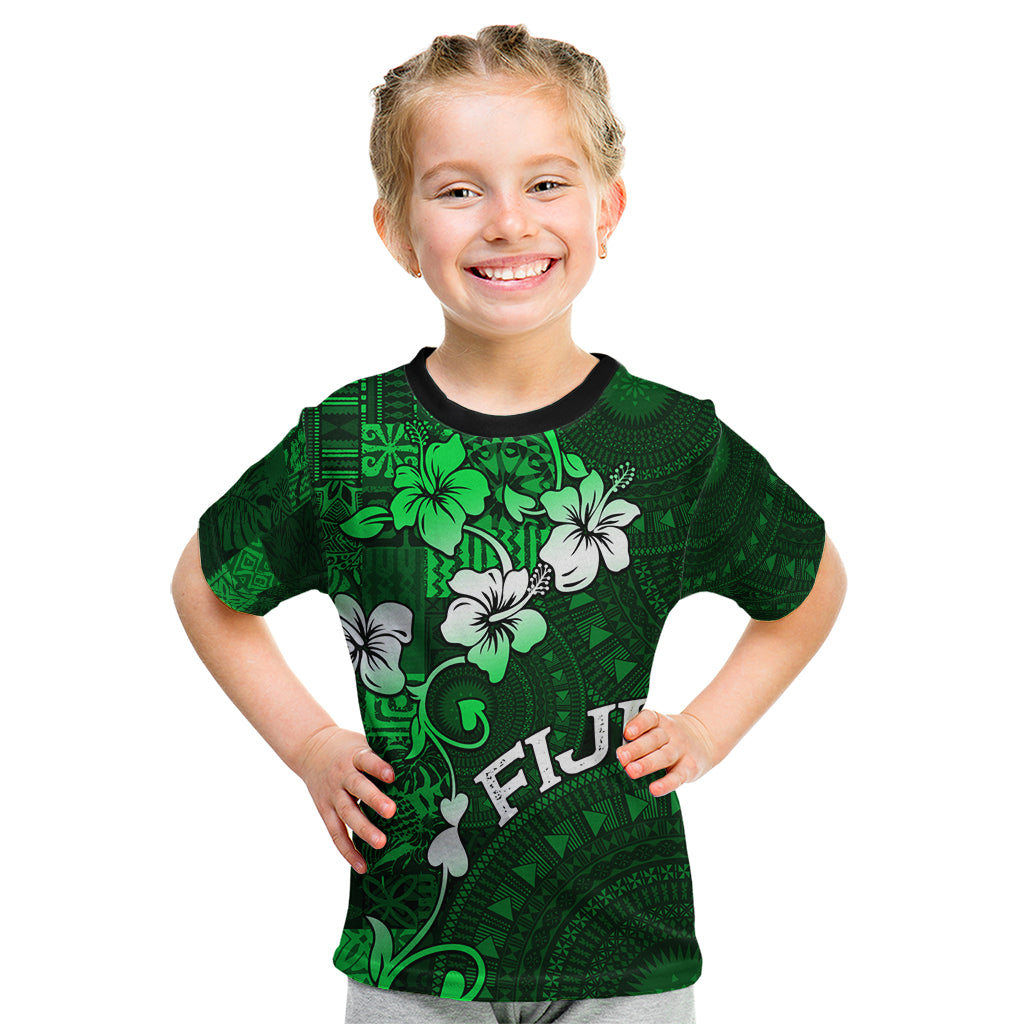 Fiji Masi Kid T Shirt Fijian Hibiscus Tapa Green Version LT01 Green - Polynesian Pride