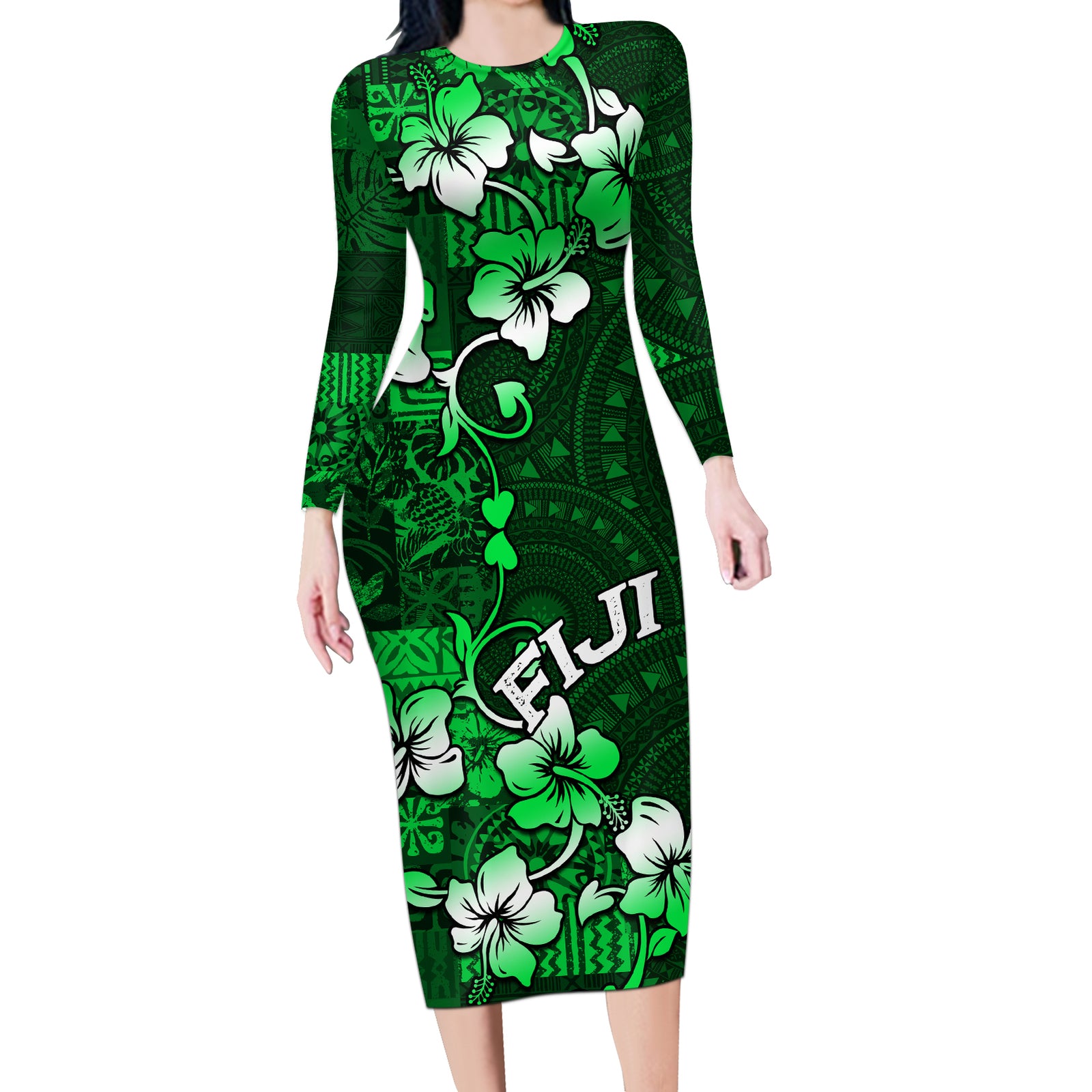 Fiji Masi Long Sleeve Bodycon Dress Fijian Hibiscus Tapa Green Version LT01 Long Dress Green - Polynesian Pride