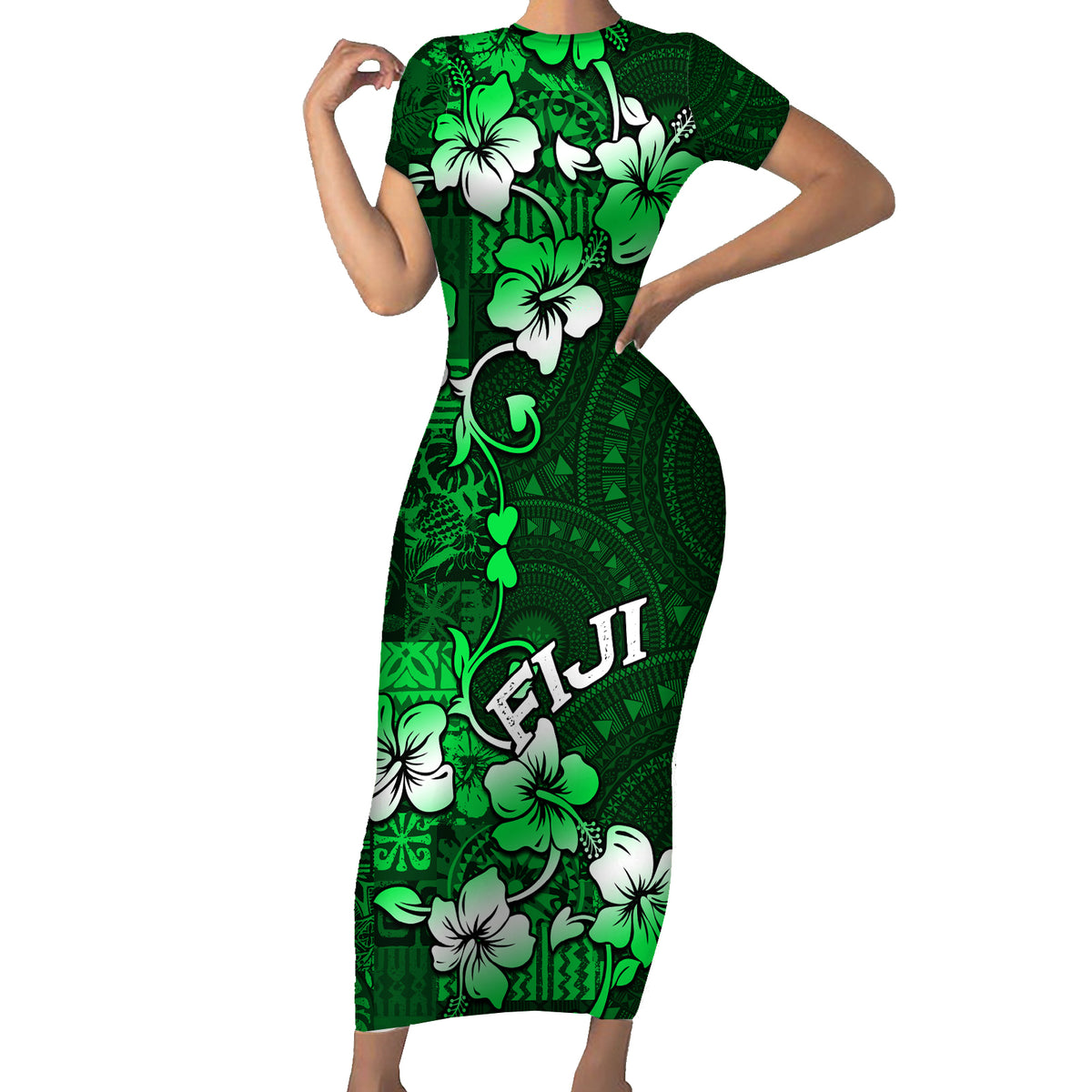 Fiji Masi Short Sleeve Bodycon Dress Fijian Hibiscus Tapa Green Version LT01 Long Dress Green - Polynesian Pride