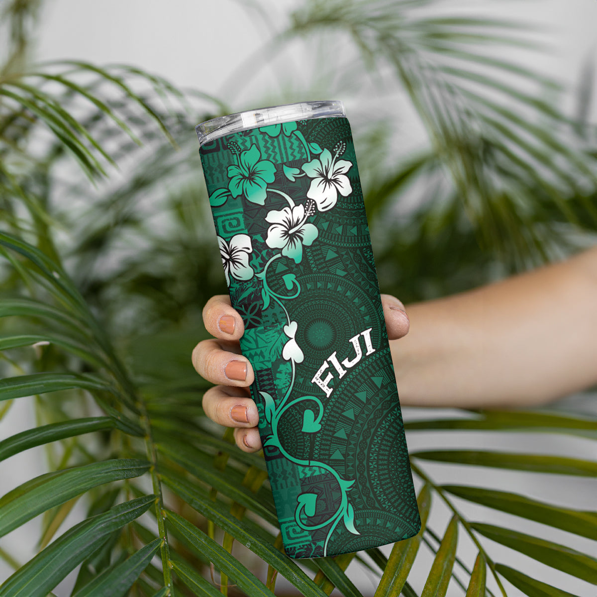Fiji Masi Skinny Tumbler Fijian Hibiscus Tapa Green Version