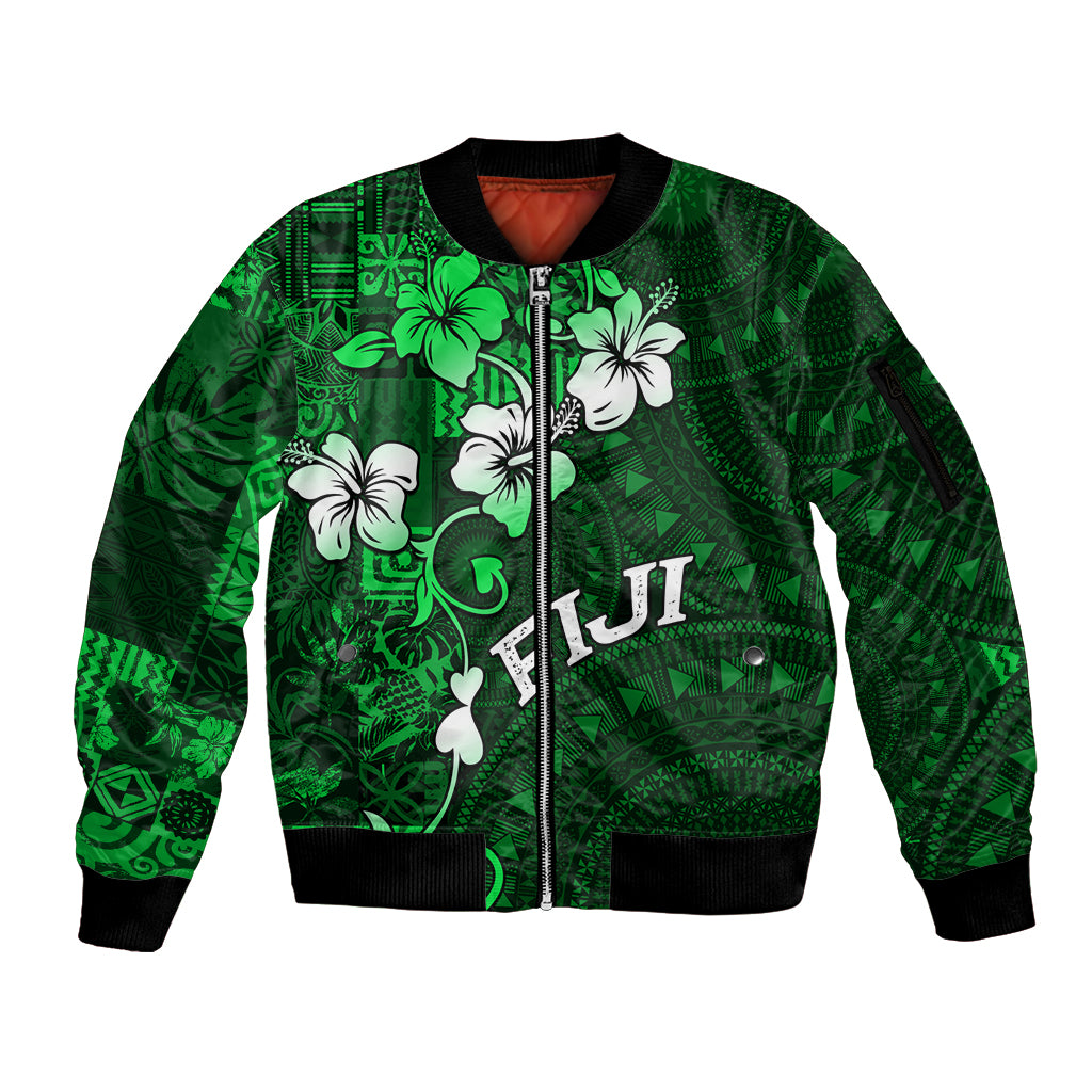 Fiji Masi Sleeve Zip Bomber Jacket Fijian Hibiscus Tapa Green Version LT01 Unisex Green - Polynesian Pride