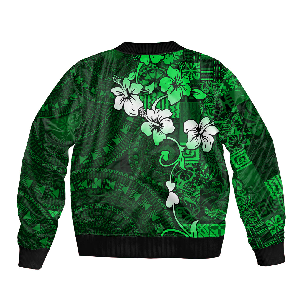 Fiji Masi Sleeve Zip Bomber Jacket Fijian Hibiscus Tapa Green Version LT01 - Polynesian Pride