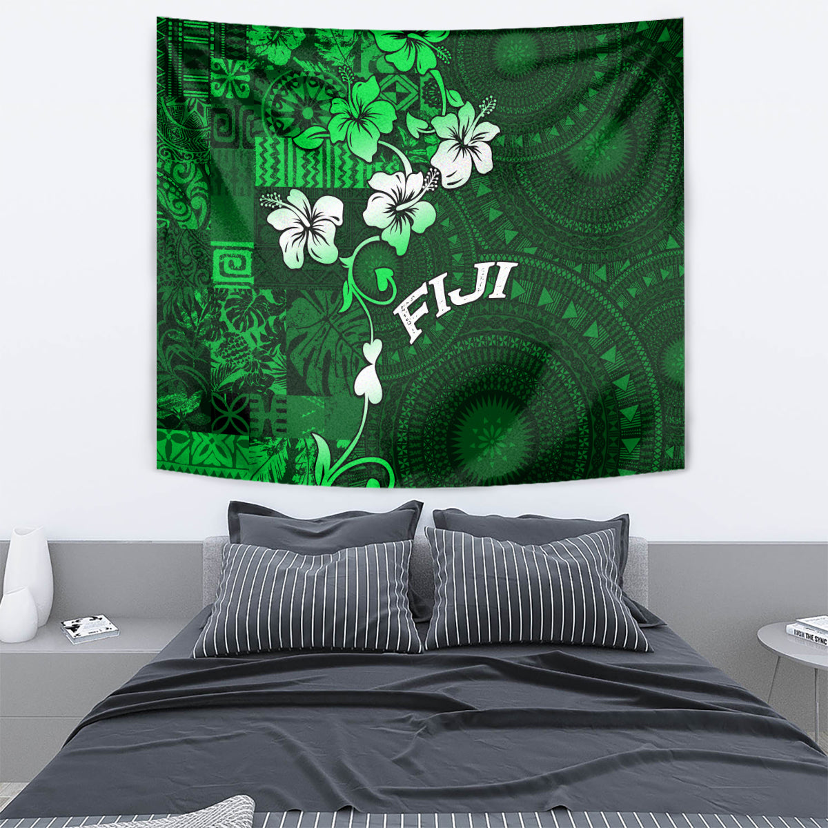 Fiji Masi Tapestry Fijian Hibiscus Tapa Green Version LT01 - Polynesian Pride