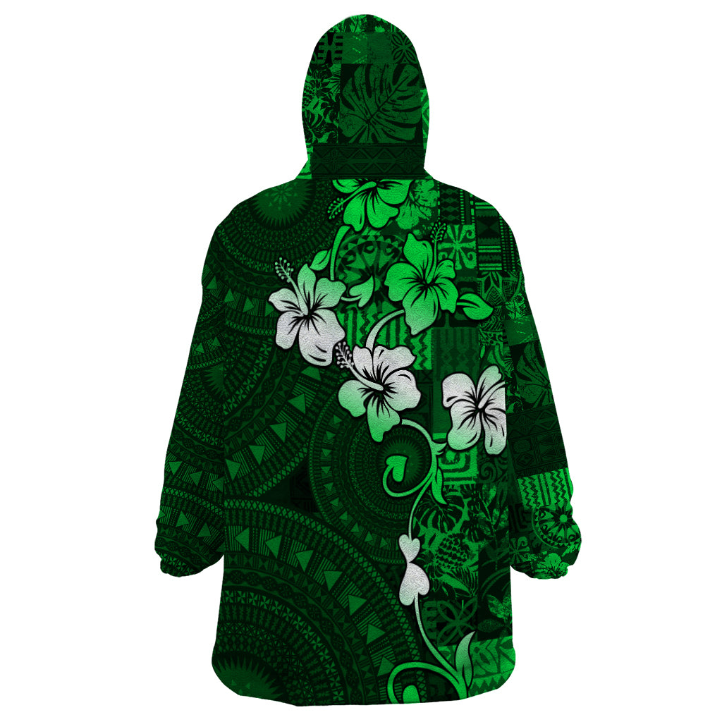 Fiji Masi Wearable Blanket Hoodie Fijian Hibiscus Tapa Green Version LT01 - Polynesian Pride