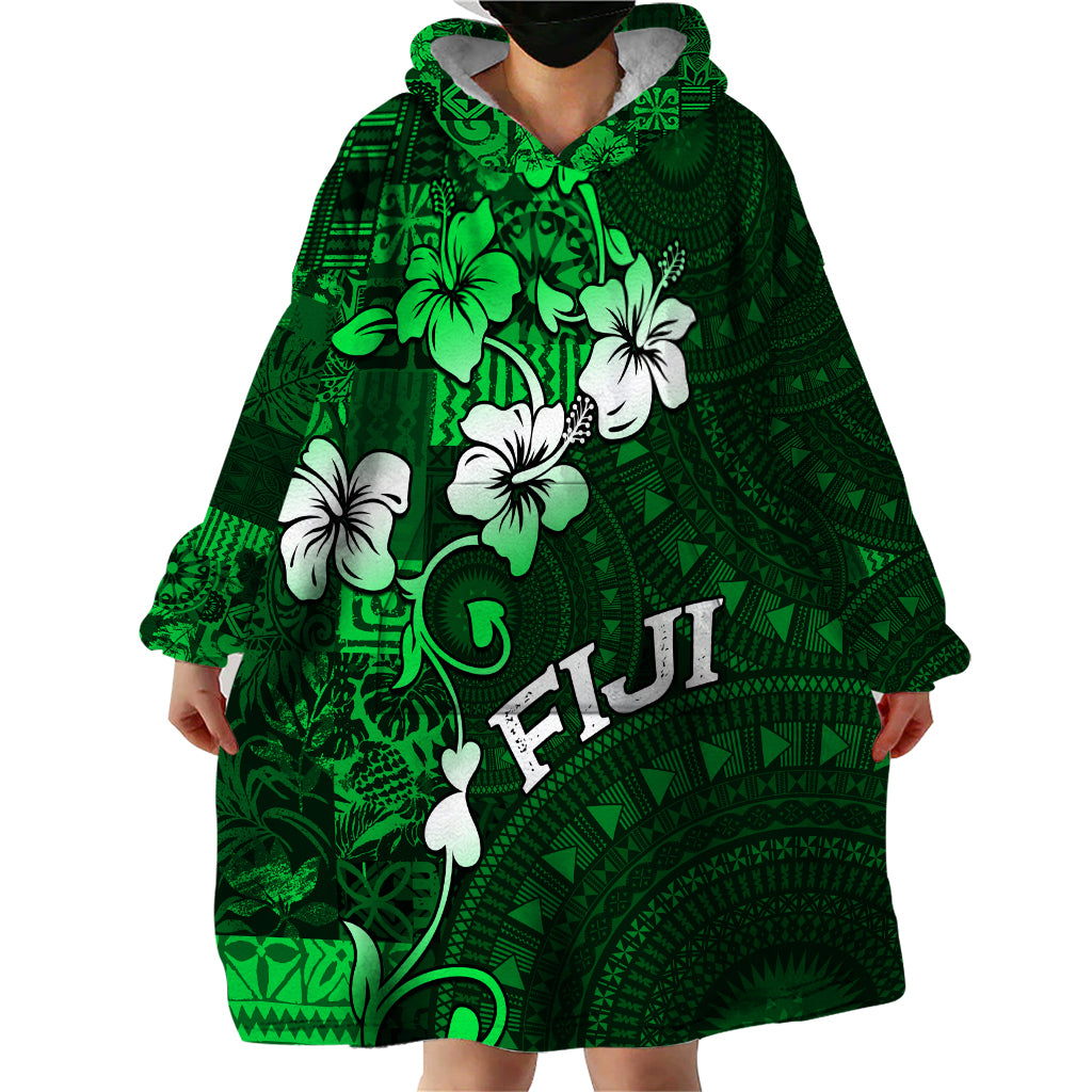 Fiji Masi Wearable Blanket Hoodie Fijian Hibiscus Tapa Green Version LT01 - Polynesian Pride