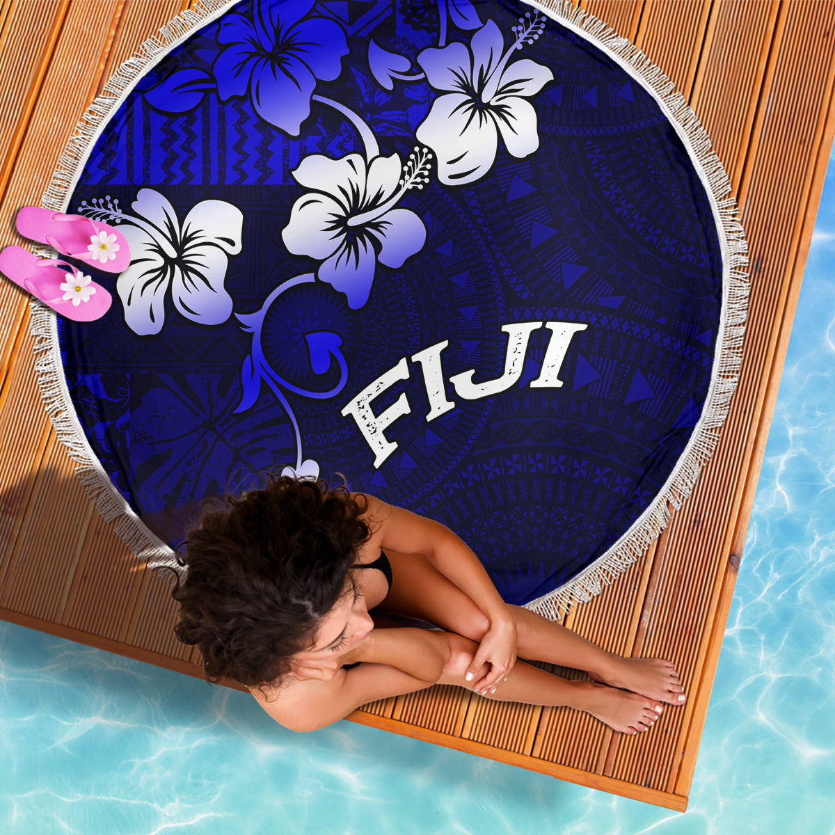 Fiji Masi Beach Blanket Fijian Hibiscus Navy Blue Gold Version LT01 - Polynesian Pride