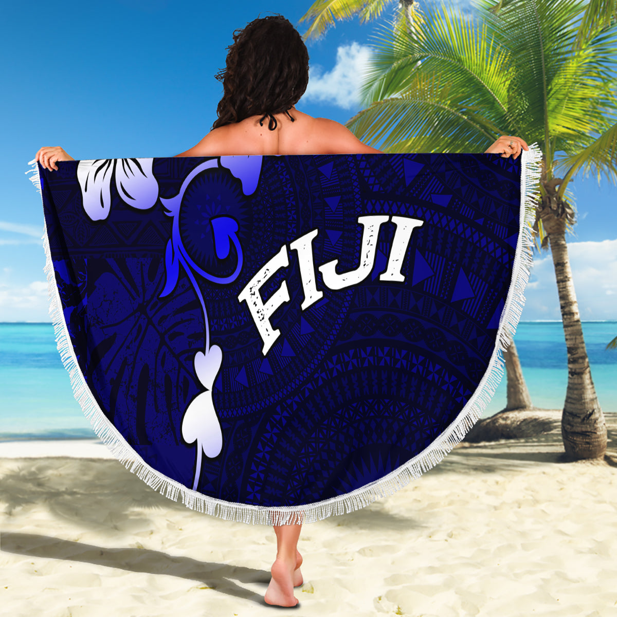 Fiji Masi Beach Blanket Fijian Hibiscus Navy Blue Gold Version LT01 - Polynesian Pride