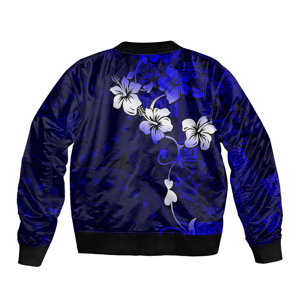 Fiji Masi Bomber Jacket Fijian Hibiscus Navy Blue Gold Version LT01 - Polynesian Pride