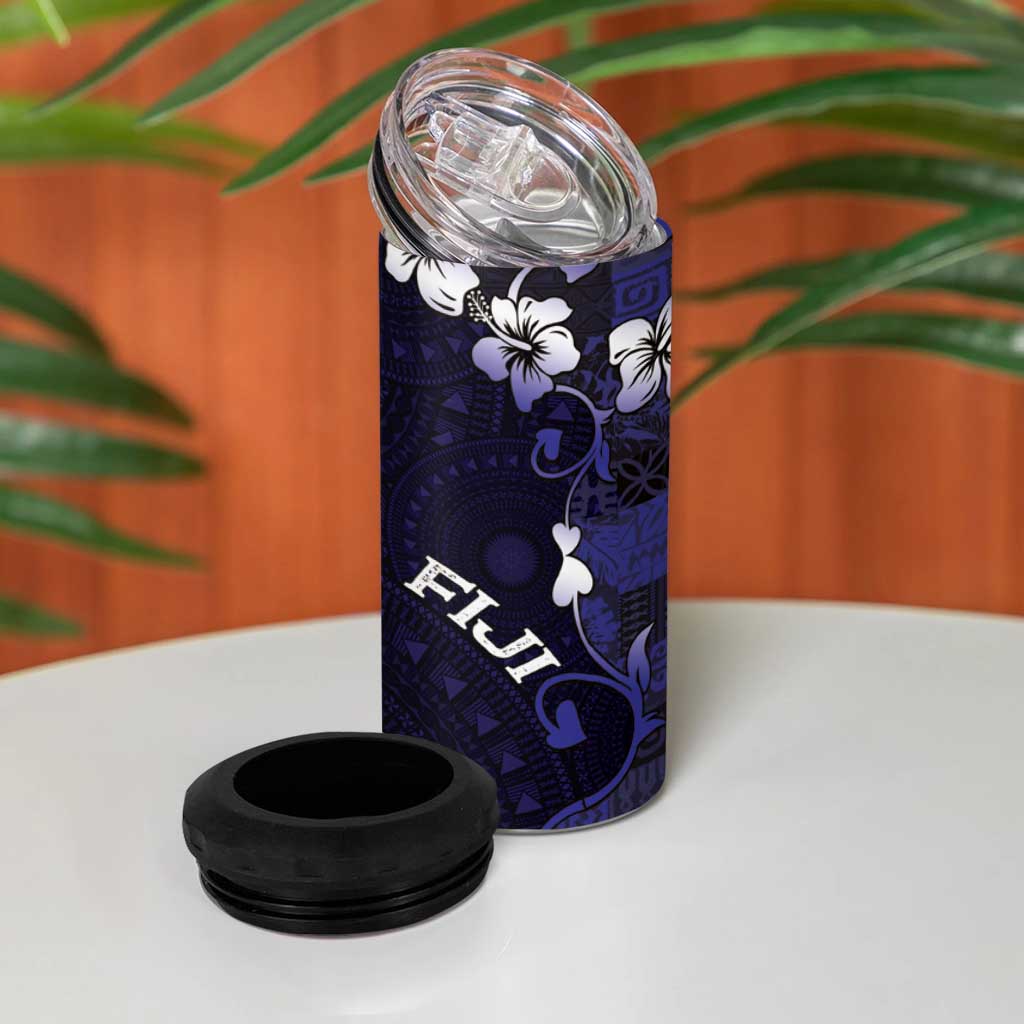 Fiji Masi 4 in 1 Can Cooler Tumbler Fijian Hibiscus Tapa Navy Blue Version