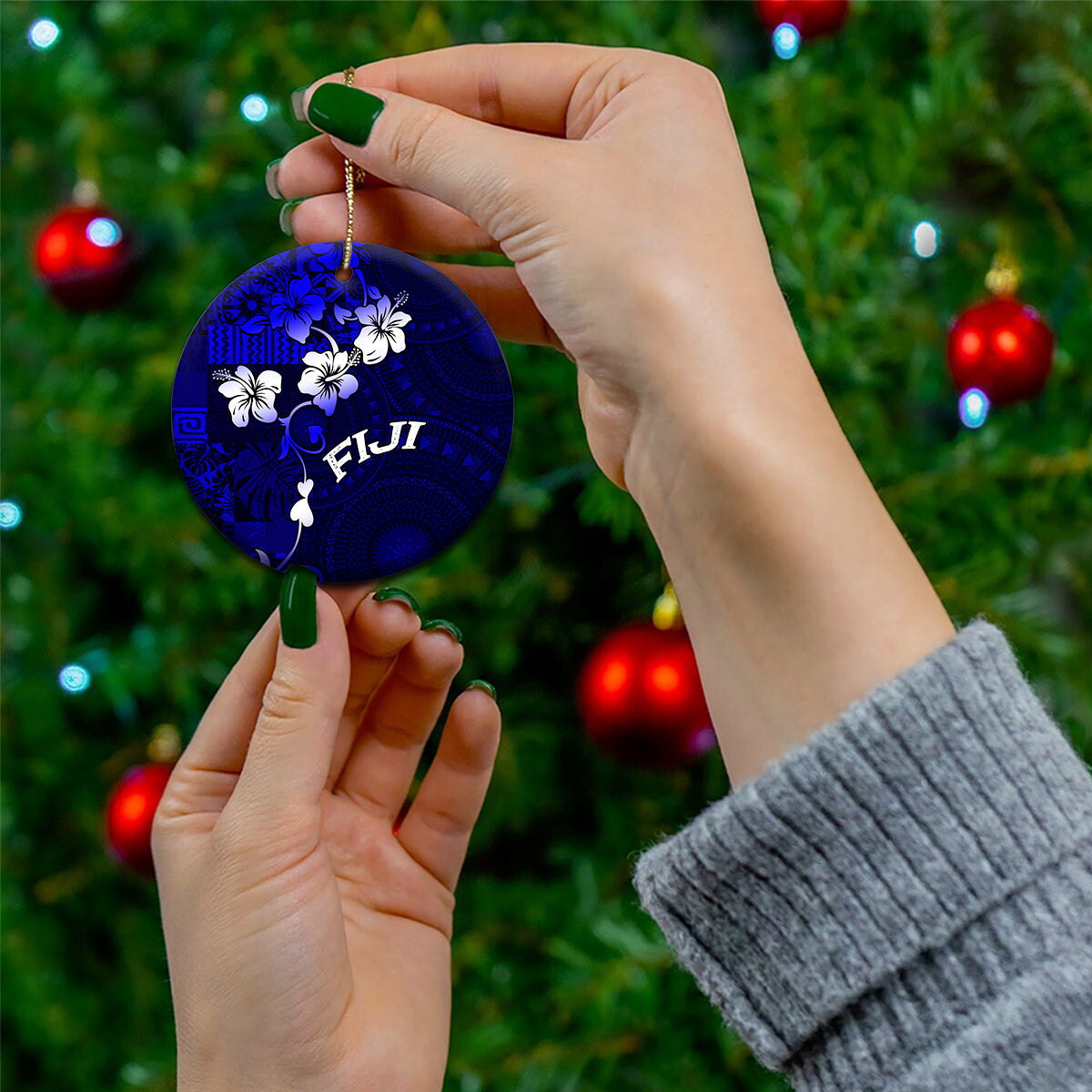 Fiji Masi Ceramic Ornament Fijian Hibiscus Navy Blue Gold Version LT01 - Polynesian Pride