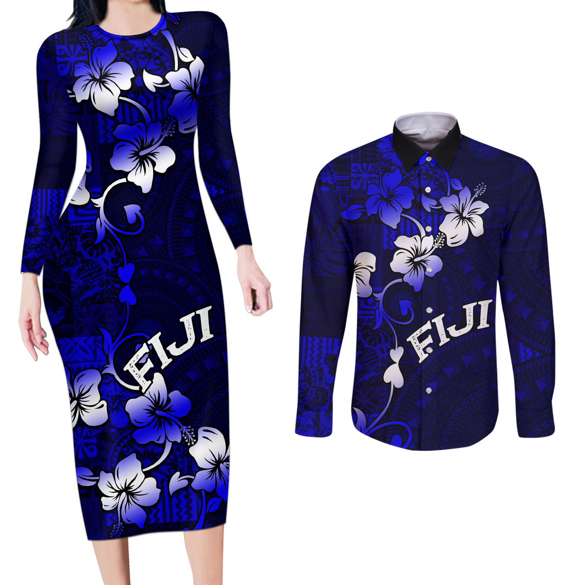 Fiji Masi Couples Matching Long Sleeve Bodycon Dress and Long Sleeve Button Shirt Fijian Hibiscus Navy Blue Gold Version LT01 Blue - Polynesian Pride