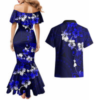 Fiji Masi Couples Matching Mermaid Dress and Hawaiian Shirt Fijian Hibiscus Navy Blue Gold Version LT01 - Polynesian Pride