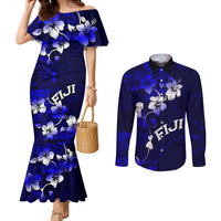 Fiji Masi Couples Matching Mermaid Dress and Long Sleeve Button Shirt Fijian Hibiscus Navy Blue Gold Version LT01 Blue - Polynesian Pride