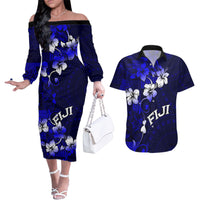 Fiji Masi Couples Matching Off The Shoulder Long Sleeve Dress and Hawaiian Shirt Fijian Hibiscus Navy Blue Gold Version LT01 Blue - Polynesian Pride