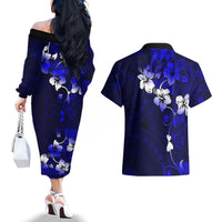Fiji Masi Couples Matching Off The Shoulder Long Sleeve Dress and Hawaiian Shirt Fijian Hibiscus Navy Blue Gold Version LT01 - Polynesian Pride