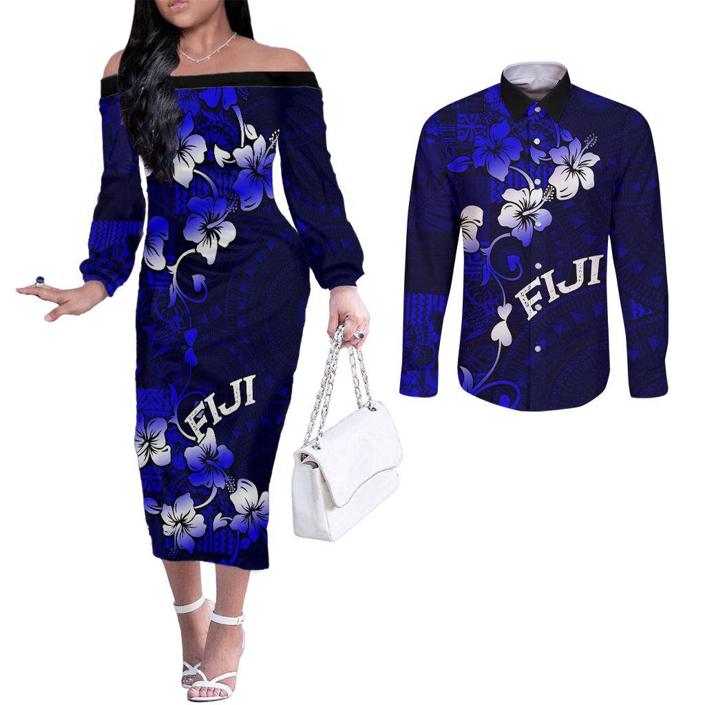 Fiji Masi Couples Matching Off The Shoulder Long Sleeve Dress and Long Sleeve Button Shirt Fijian Hibiscus Navy Blue Gold Version LT01 Blue - Polynesian Pride