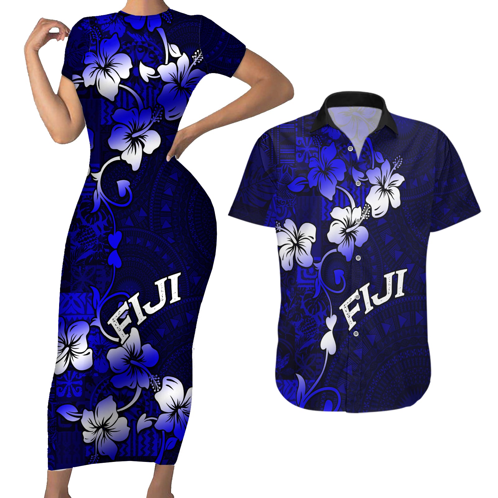 Fiji Masi Couples Matching Short Sleeve Bodycon Dress and Hawaiian Shirt Fijian Hibiscus Navy Blue Gold Version LT01 Blue - Polynesian Pride