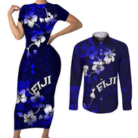 Fiji Masi Couples Matching Short Sleeve Bodycon Dress and Long Sleeve Button Shirt Fijian Hibiscus Navy Blue Gold Version LT01 Blue - Polynesian Pride