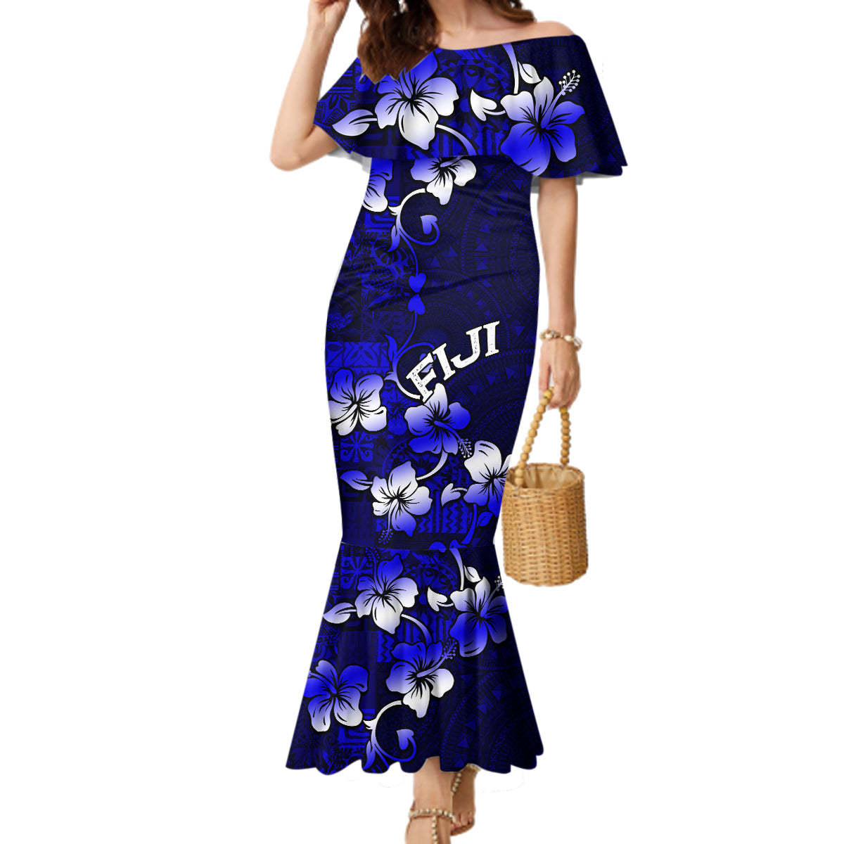 Fiji Masi Family Matching Mermaid Dress and Hawaiian Shirt Fijian Hibiscus Navy Blue Gold Version LT01 Mom's Dress Blue - Polynesian Pride