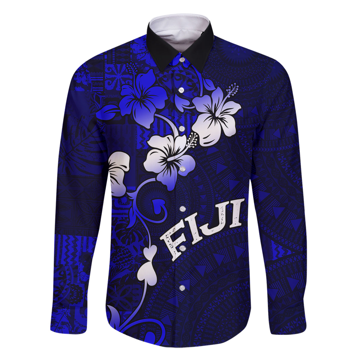 Fiji Masi Family Matching Tank Maxi Dress and Hawaiian Shirt Fijian Hibiscus Navy Blue Gold Version LT01 Dad's Shirt - Long Sleeve Blue - Polynesian Pride