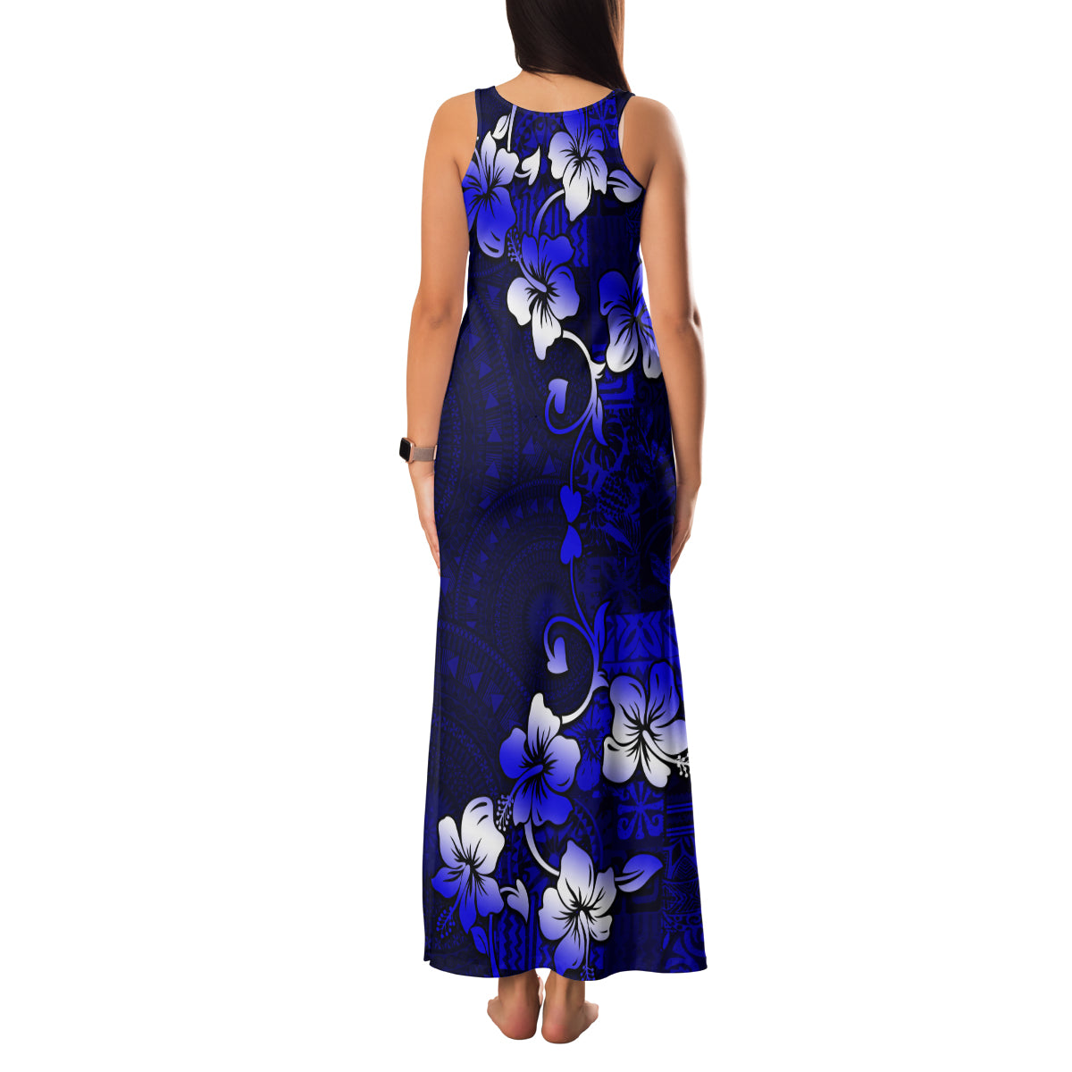 Fiji Masi Family Matching Tank Maxi Dress and Hawaiian Shirt Fijian Hibiscus Navy Blue Gold Version LT01 - Polynesian Pride