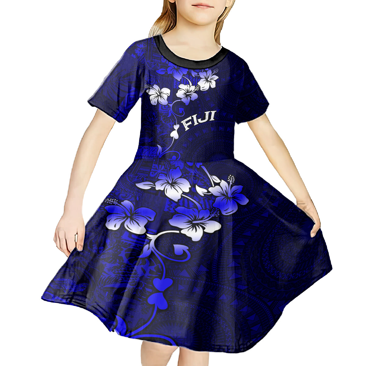 Fiji Masi Kid Short Sleeve Dress Fijian Hibiscus Navy Blue Gold Version LT01 - Polynesian Pride