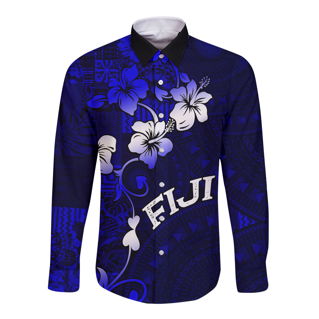 Fiji Masi Long Sleeve Button Shirt Fijian Hibiscus Navy Blue Gold Version LT01 Unisex Blue - Polynesian Pride
