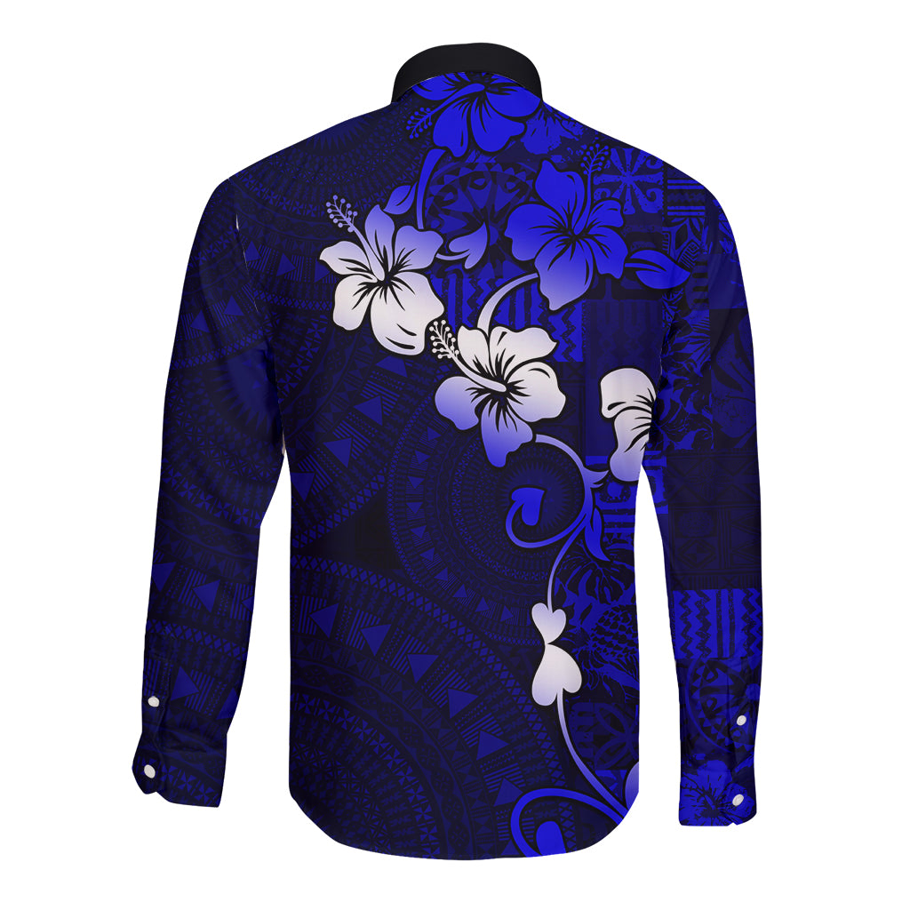 Fiji Masi Long Sleeve Button Shirt Fijian Hibiscus Navy Blue Gold Version LT01 - Polynesian Pride