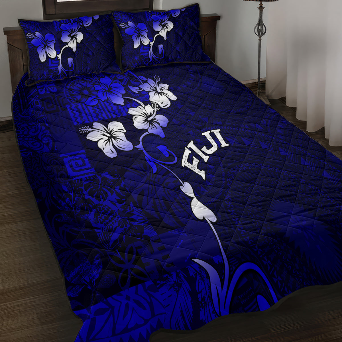 Fiji Masi Quilt Bed Set Fijian Hibiscus Navy Blue Gold Version LT01 - Polynesian Pride