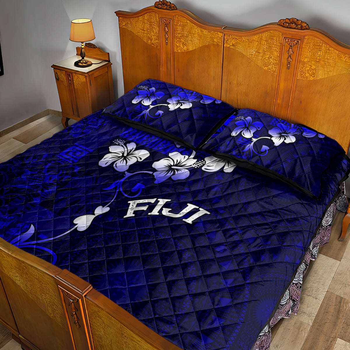 Fiji Masi Quilt Bed Set Fijian Hibiscus Navy Blue Gold Version LT01 - Polynesian Pride