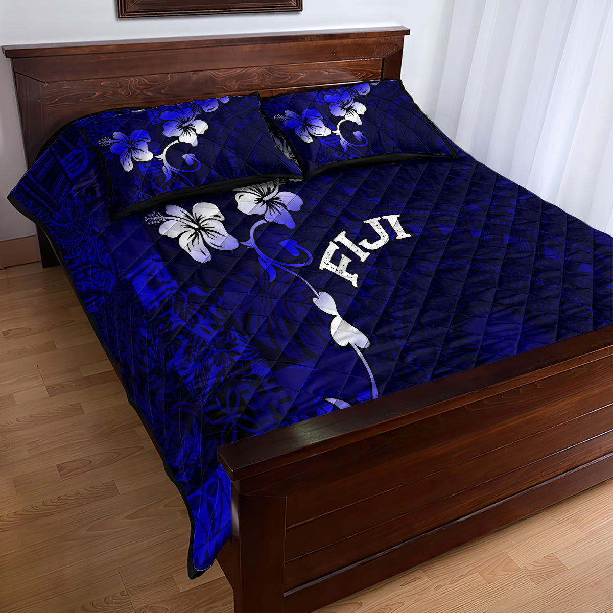 Fiji Masi Quilt Bed Set Fijian Hibiscus Navy Blue Gold Version LT01 - Polynesian Pride
