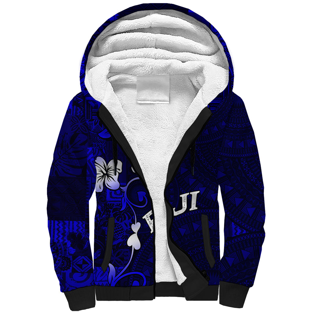 Fiji Masi Sherpa Hoodie Fijian Hibiscus Navy Blue Gold Version LT01 Unisex Blue - Polynesian Pride