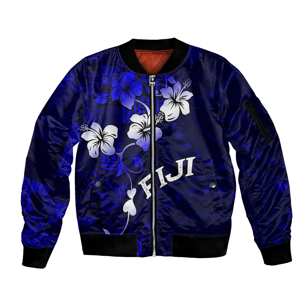 Fiji Masi Sleeve Zip Bomber Jacket Fijian Hibiscus Navy Blue Gold Version LT01 Unisex Blue - Polynesian Pride