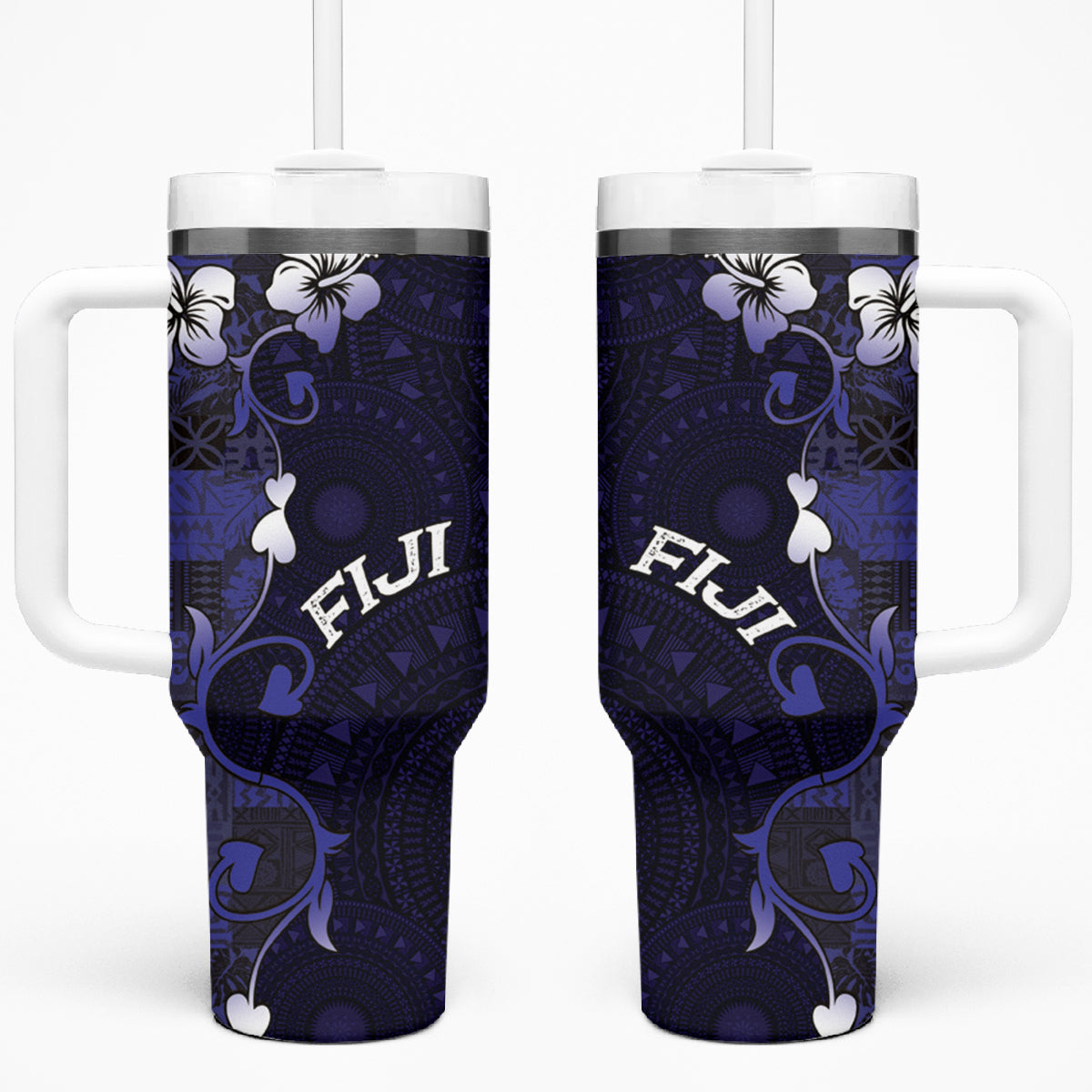 Fiji Masi Tumbler With Handle Fijian Hibiscus Tapa Navy Blue Version