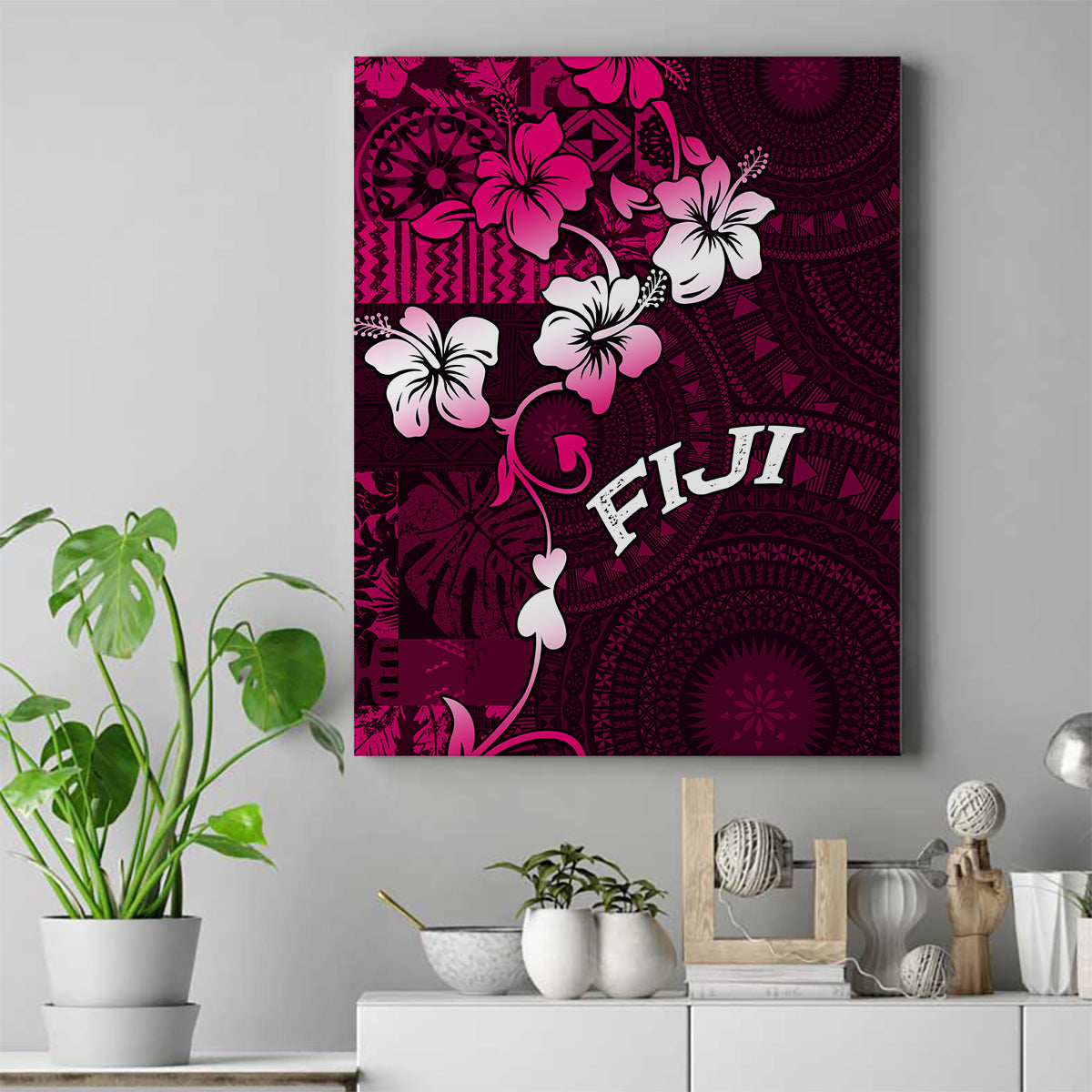 Fiji Masi Canvas Wall Art Fijian Hibiscus Tapa Pink Version LT01 Pink - Polynesian Pride