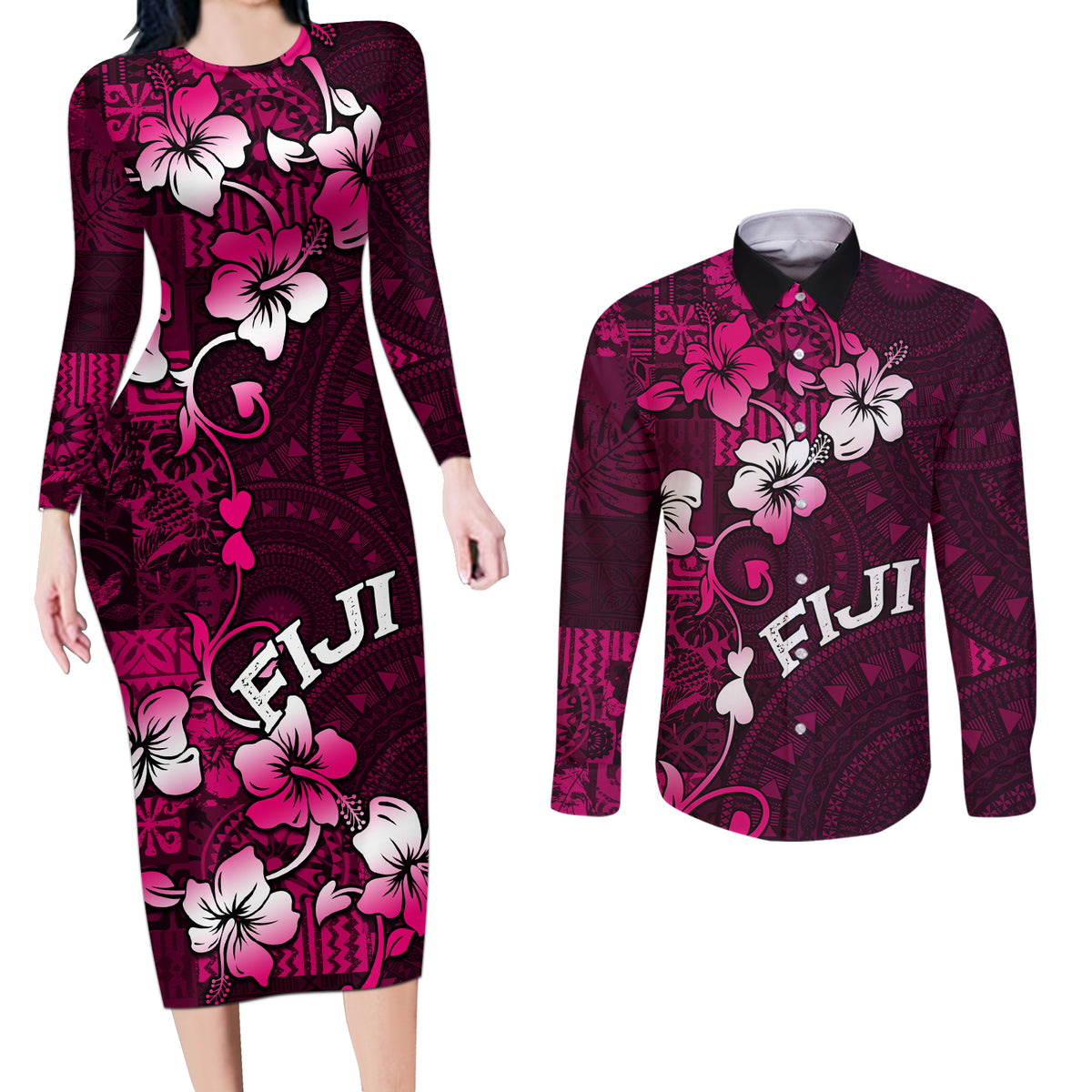 Fiji Masi Couples Matching Long Sleeve Bodycon Dress and Long Sleeve Button Shirt Fijian Hibiscus Tapa Pink Version LT01 Pink - Polynesian Pride
