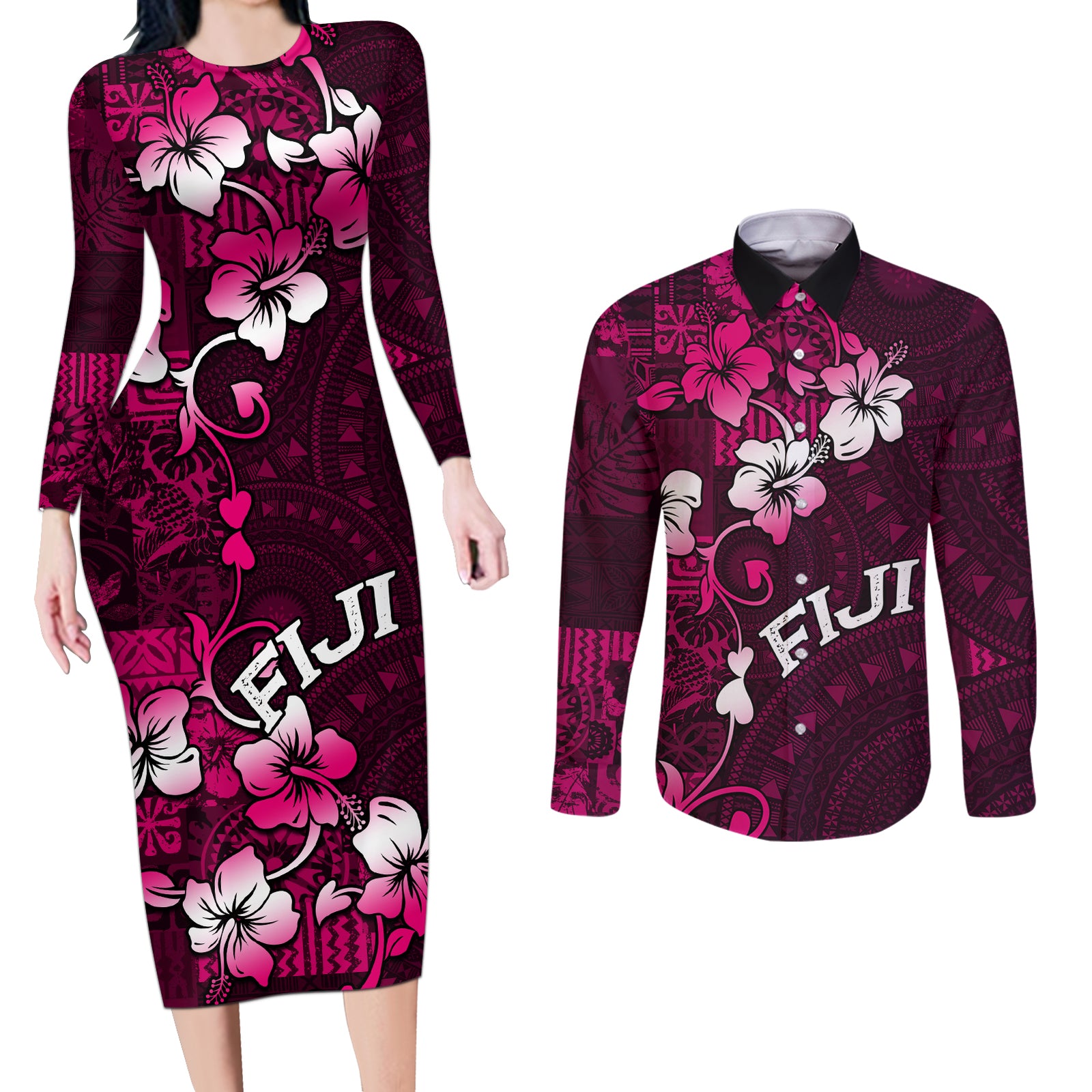 Fiji Masi Couples Matching Long Sleeve Bodycon Dress and Long Sleeve Button Shirt Fijian Hibiscus Tapa Pink Version LT01 Pink - Polynesian Pride