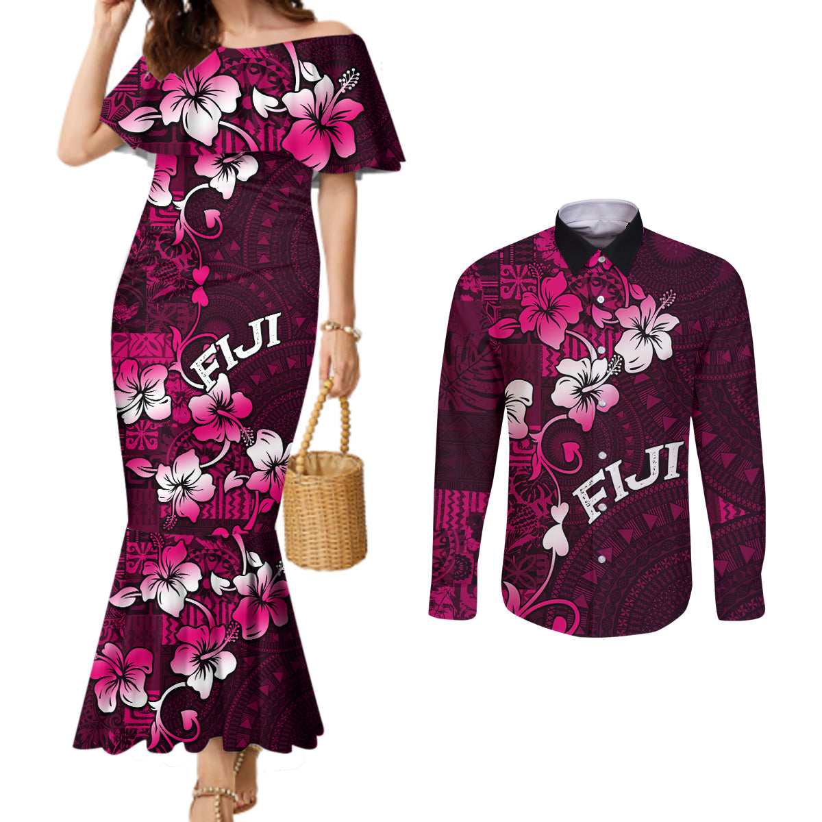 Fiji Masi Couples Matching Mermaid Dress and Long Sleeve Button Shirt Fijian Hibiscus Tapa Pink Version LT01 Pink - Polynesian Pride