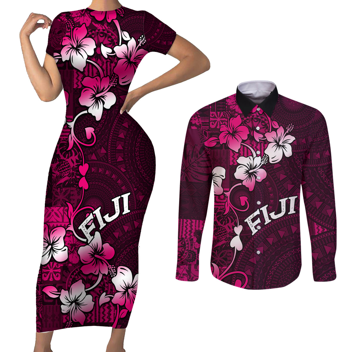 Fiji Masi Couples Matching Short Sleeve Bodycon Dress and Long Sleeve Button Shirt Fijian Hibiscus Tapa Pink Version LT01 Pink - Polynesian Pride
