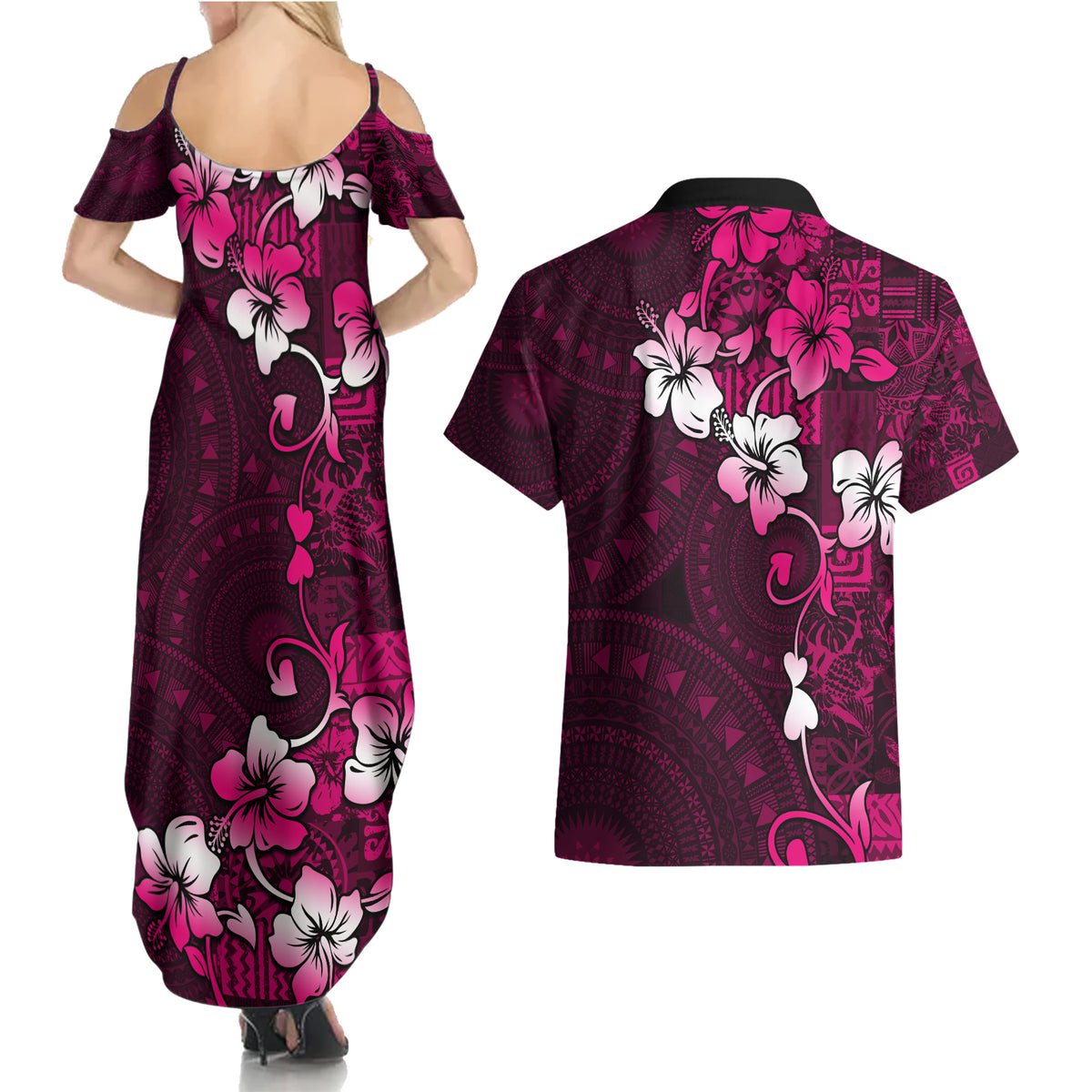 Fiji Masi Couples Matching Summer Maxi Dress and Hawaiian Shirt Fijian Hibiscus Tapa Pink Version LT01 - Polynesian Pride
