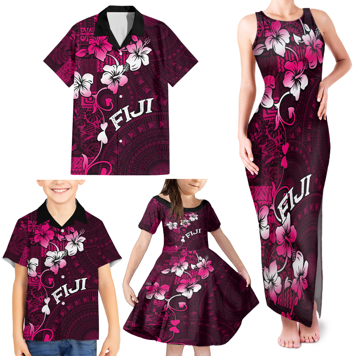Fiji Masi Family Matching Tank Maxi Dress and Hawaiian Shirt Fijian Hibiscus Tapa Pink Version LT01 - Polynesian Pride