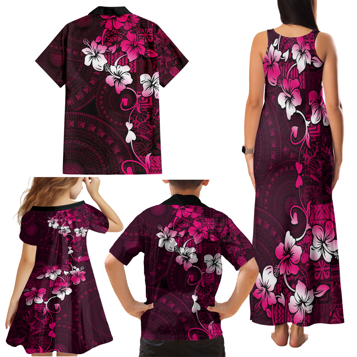 Fiji Masi Family Matching Tank Maxi Dress and Hawaiian Shirt Fijian Hibiscus Tapa Pink Version LT01 - Polynesian Pride