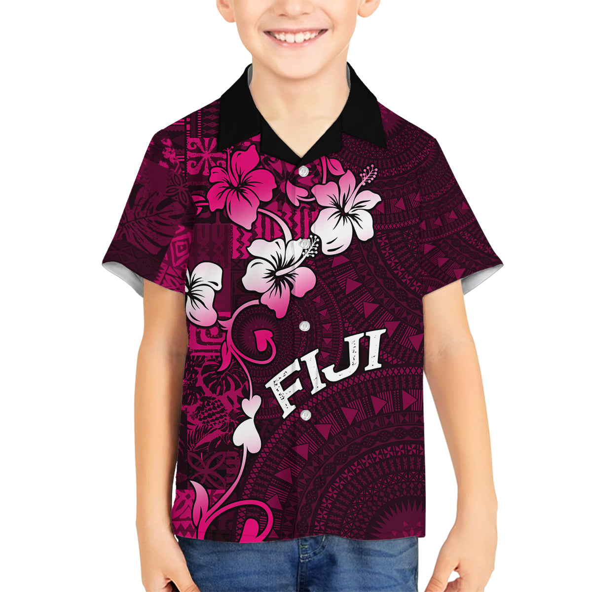 Fiji Masi Family Matching Tank Maxi Dress and Hawaiian Shirt Fijian Hibiscus Tapa Pink Version LT01 Son's Shirt Pink - Polynesian Pride
