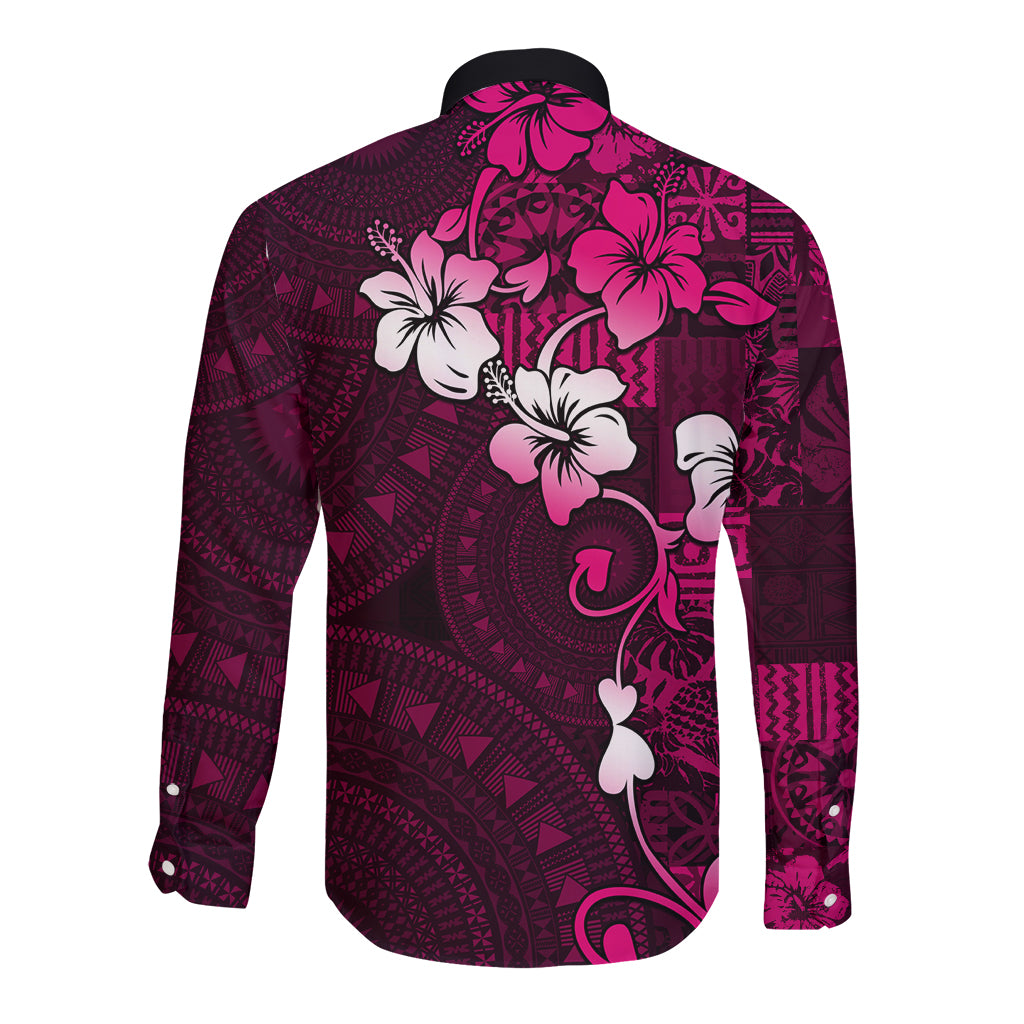 Fiji Masi Long Sleeve Button Shirt Fijian Hibiscus Tapa Pink Version LT01 - Polynesian Pride