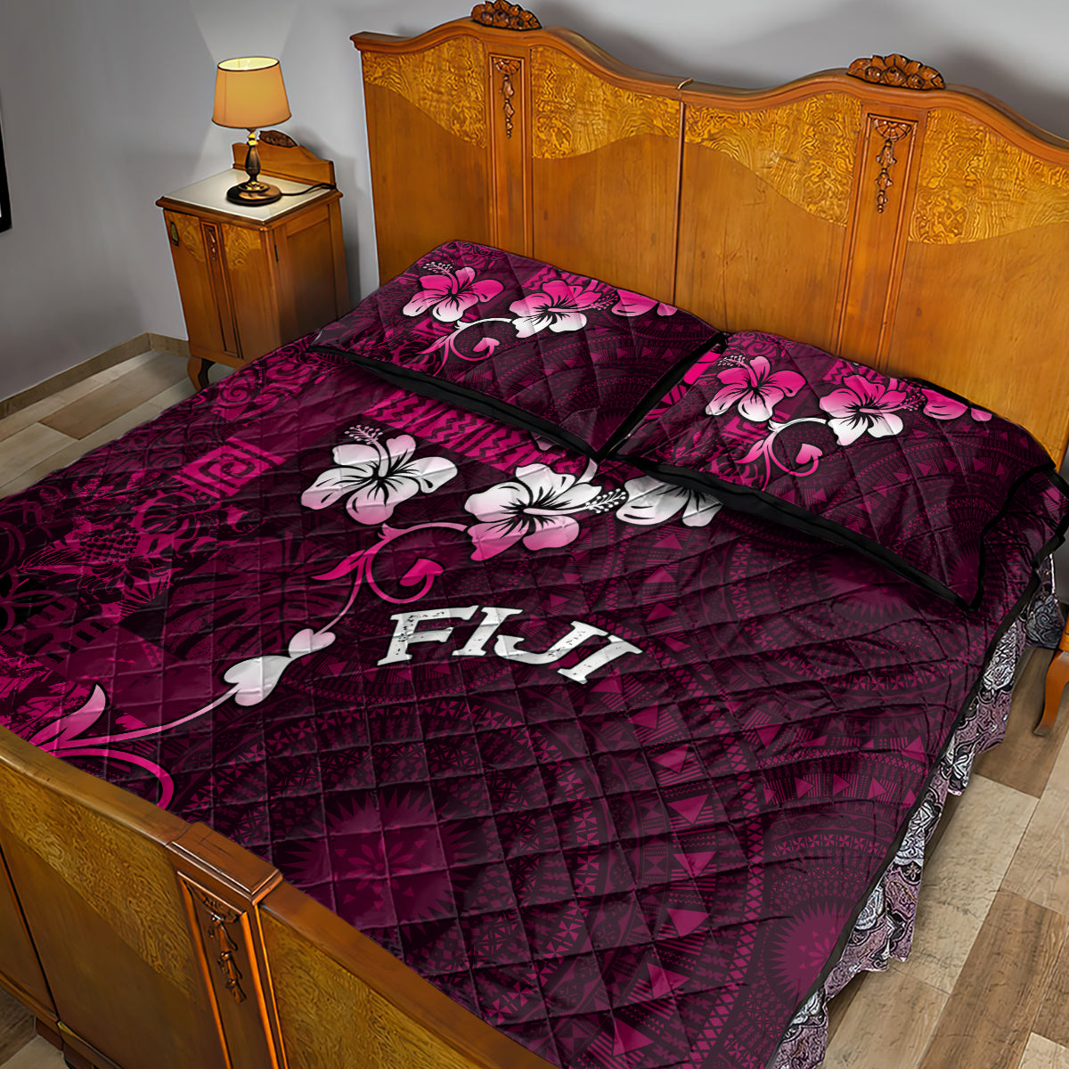 Fiji Masi Quilt Bed Set Fijian Hibiscus Tapa Pink Version LT01 - Polynesian Pride