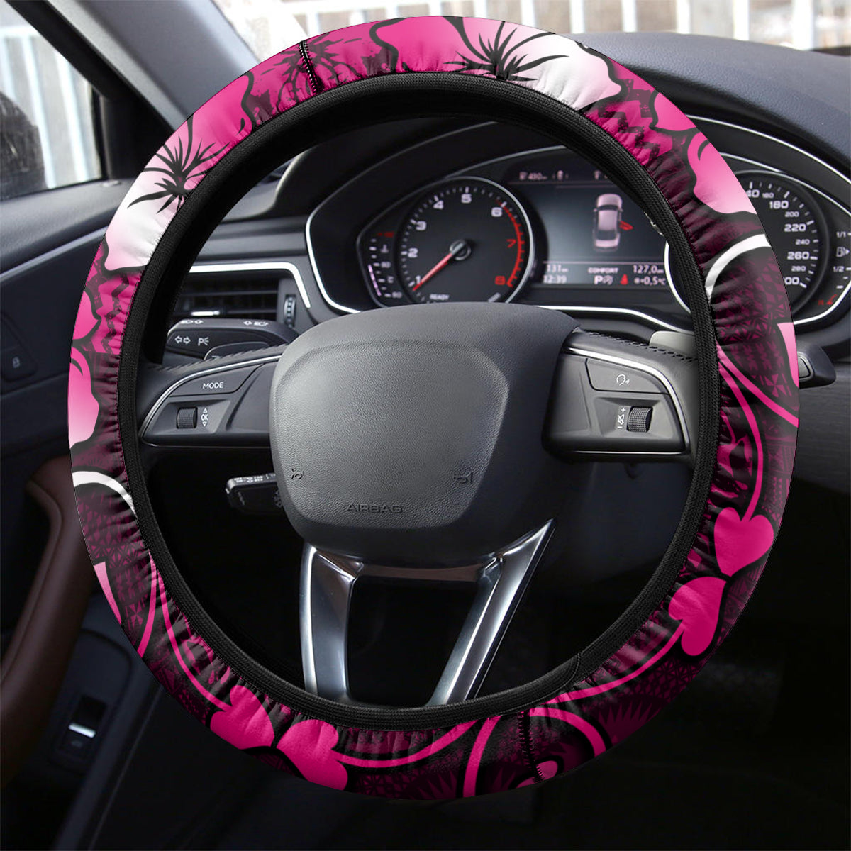 Fiji Masi Steering Wheel Cover Fijian Hibiscus Tapa Pink Version